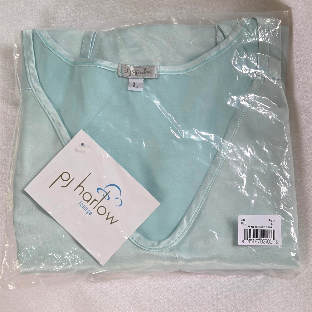 PJ Harlow Jill V Neck Satin Tank Women Size L Aqua NEW Sleepwear Loungewear‎
